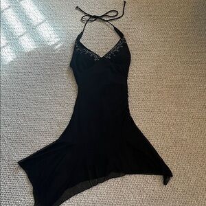 Ruby Rox Black Halter Dress Stunning Beaded Neckline, Asymmetrical Hemline SzM